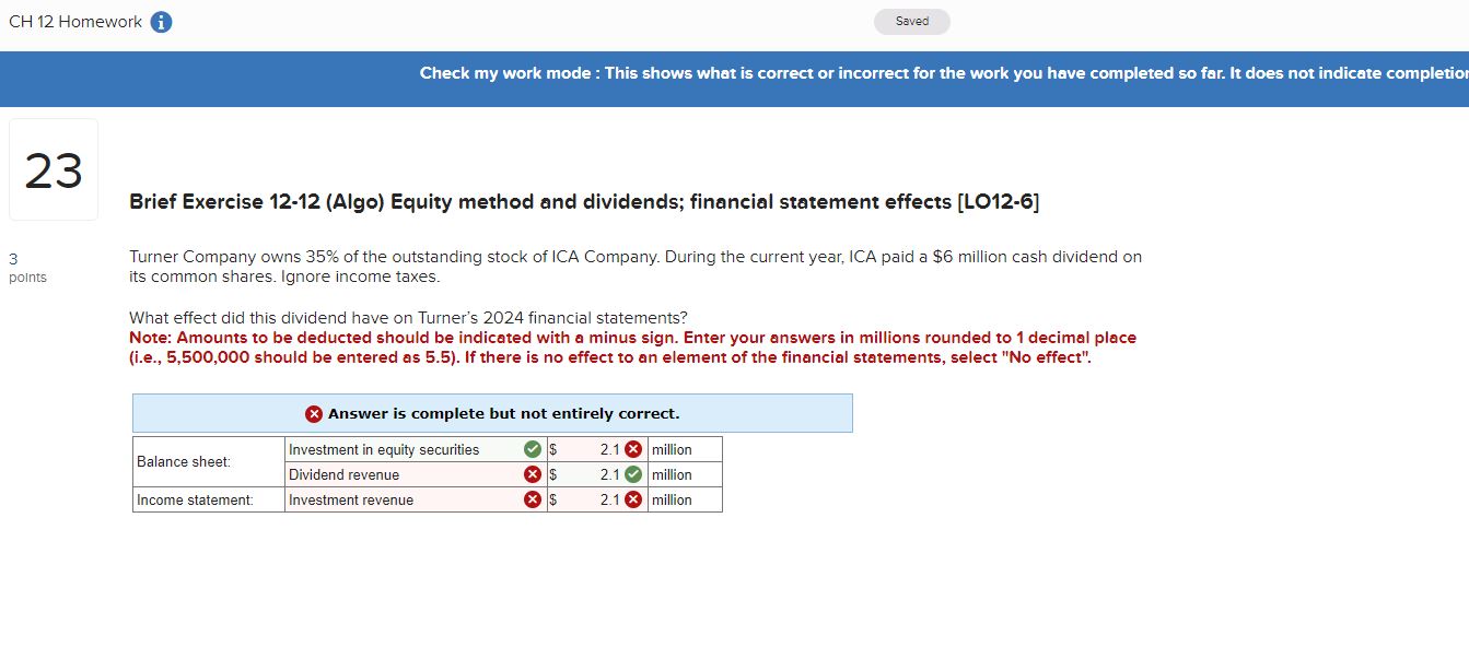  Brief Exercise 12-12 (Algo) Equity method and dividends; financial statement effects