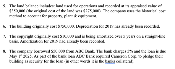 sheet as at December 31, 2018: Cameron Corp Balance Sheet December 31,