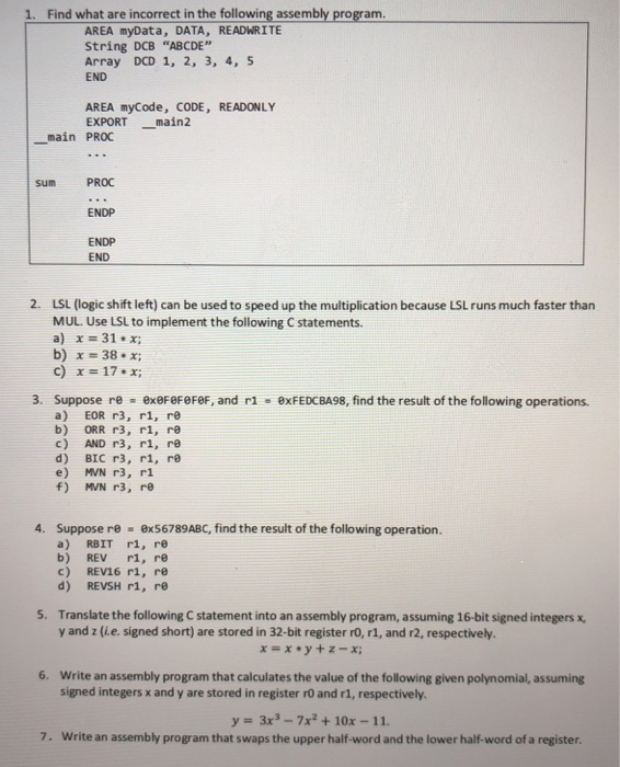  1. Find what are incorrect in the following assembly program AREA
