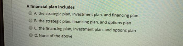  A financial plan includes A. the strategic plan, investment plan, and