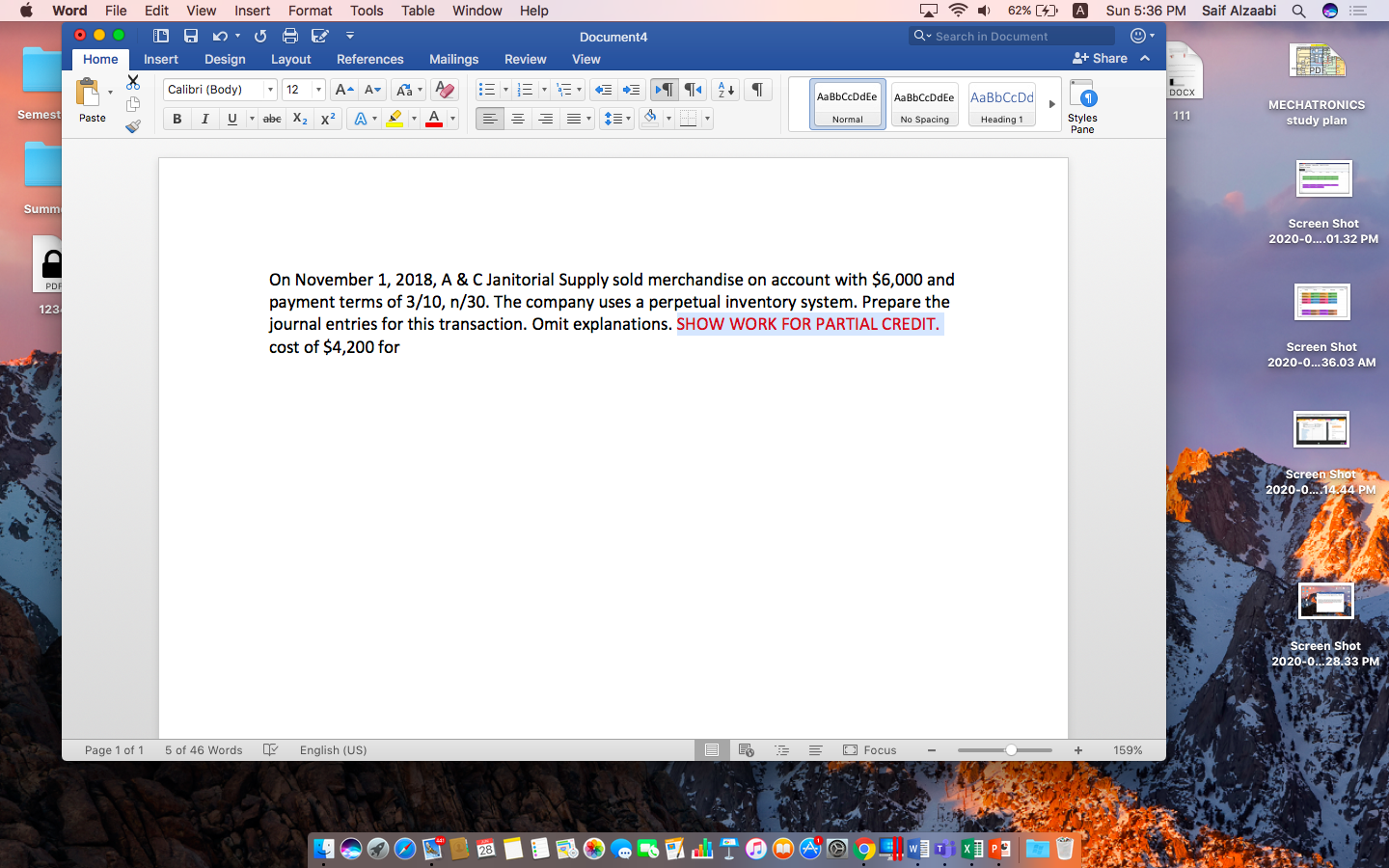  Word File Edit View Insert Format Tools Table Window Help 62%
