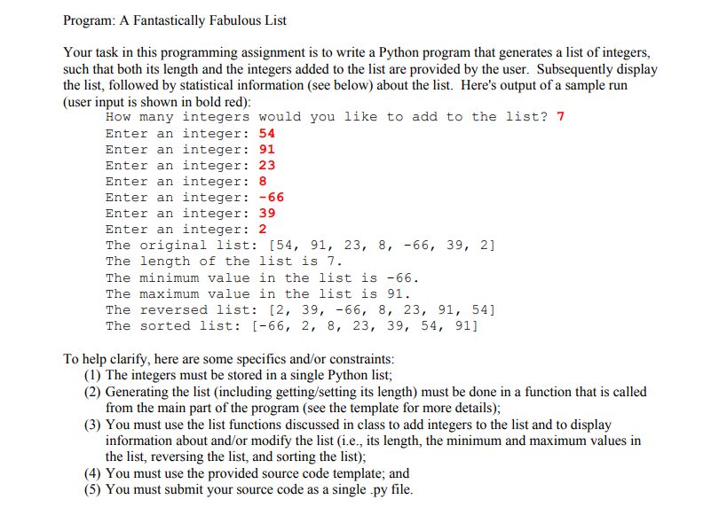  Python 2.7 Program: A Fantastically Fabulous List Your task in this