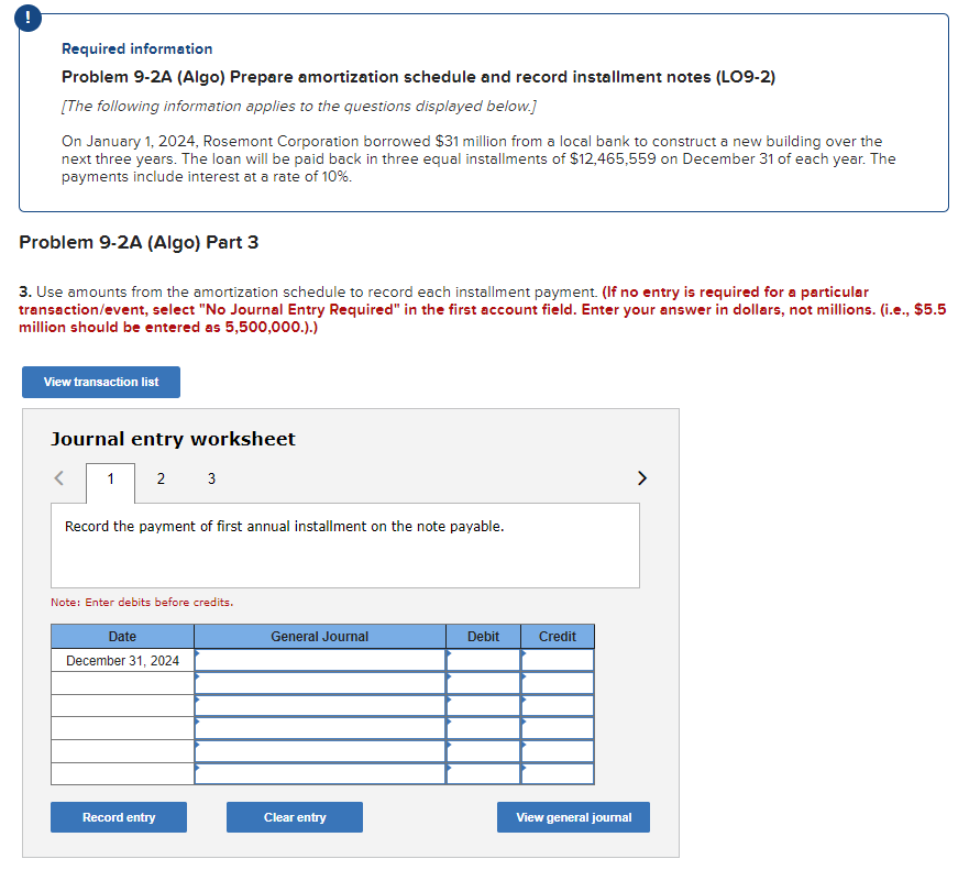 Required information Problem 9-2A (Algo) Prepare amortization schedule and record installment
