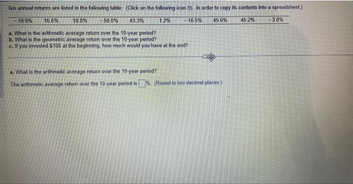  a. What is the arithmetic average return over the 10 -year