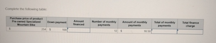  Complete the following table: \table[[\table[[Purchase price of product],[Pre-owned Specialized],[Mountain Bike]],Down payment,\table[[Amount],[financed]],\table[[Number