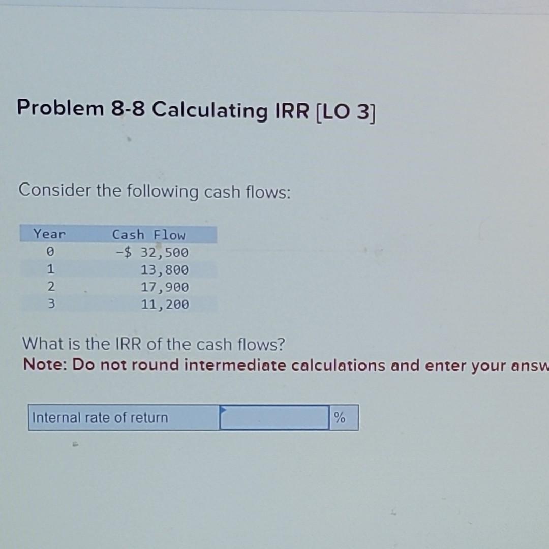  ook Int rint rences Problem 8-8 Calculating IRR [LO 3] Consider
