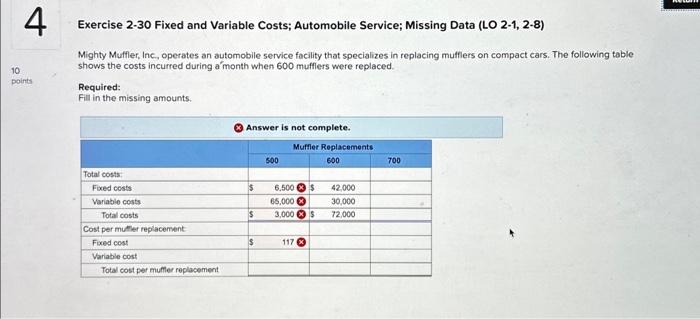  Exercise 2-30 Fixed and Variable Costs; Automobile Service; Missing Data (LO