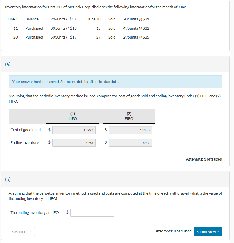 Help fast with part b Inventory information for Part 311 of Metlock