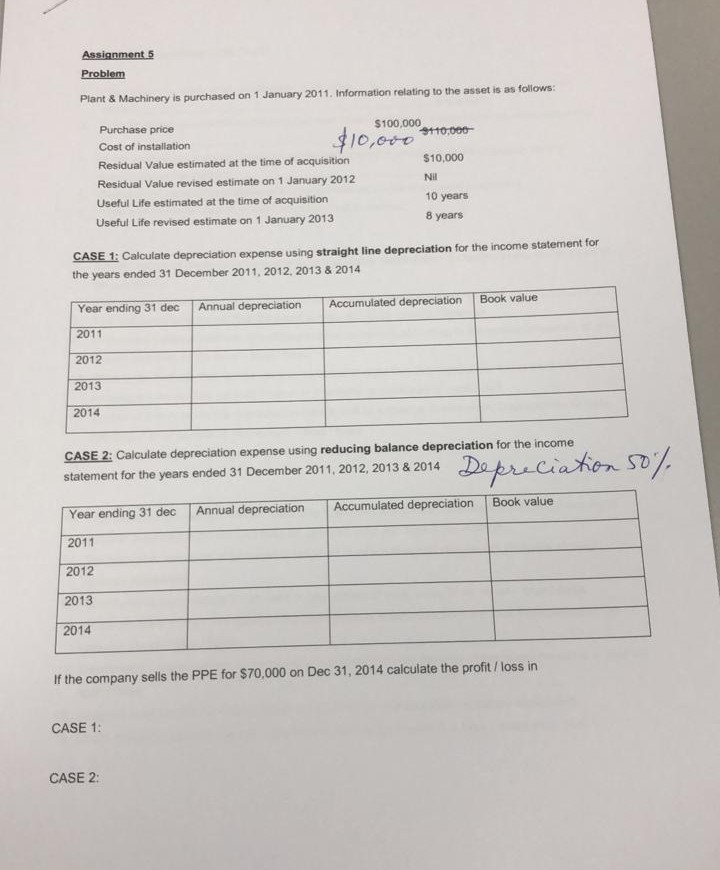  Assignment 5 Problem Plant & Machinery is purchased on 1 January