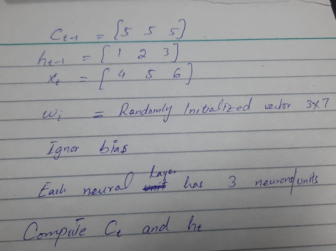  Ct-1=[555] ht-1=[123] xt=[456] wi= Randomly Initialized vector 37 Ignor bias Each