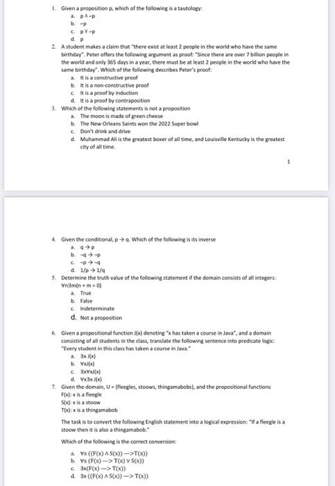 please answer all questions thank you 1. Given a proposition p, which