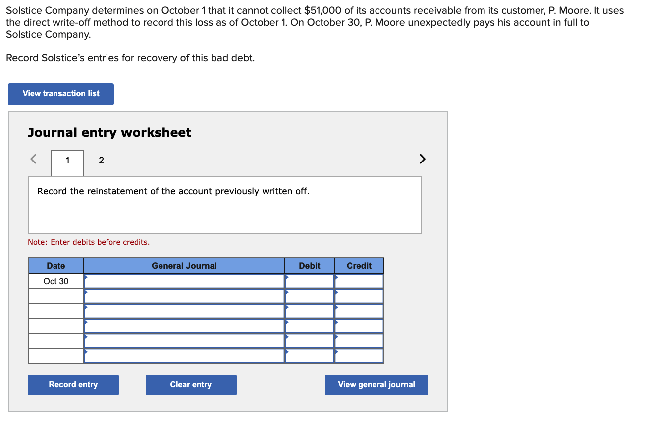 Solstice Company determines on October 1 that it cannot collect $51,000