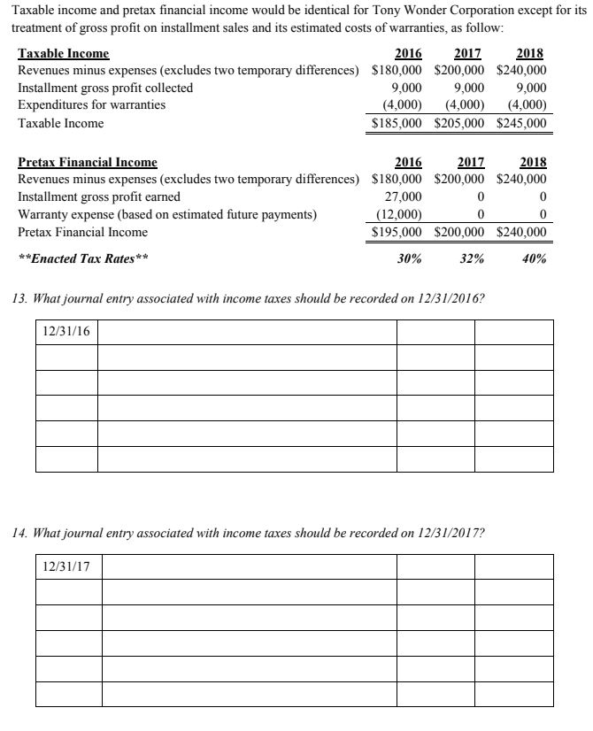 Please answer all a, b, c, d, e! Taxable income and pretax