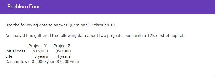  Problem Four Use the following data to answer Questions 17 through
