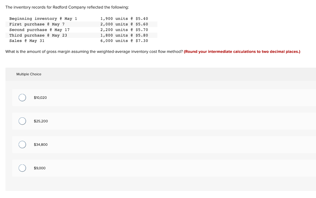 weighted-average inventory cost flow method Multiple Choice $2.98 $3.13 $3.03 $3.09 The