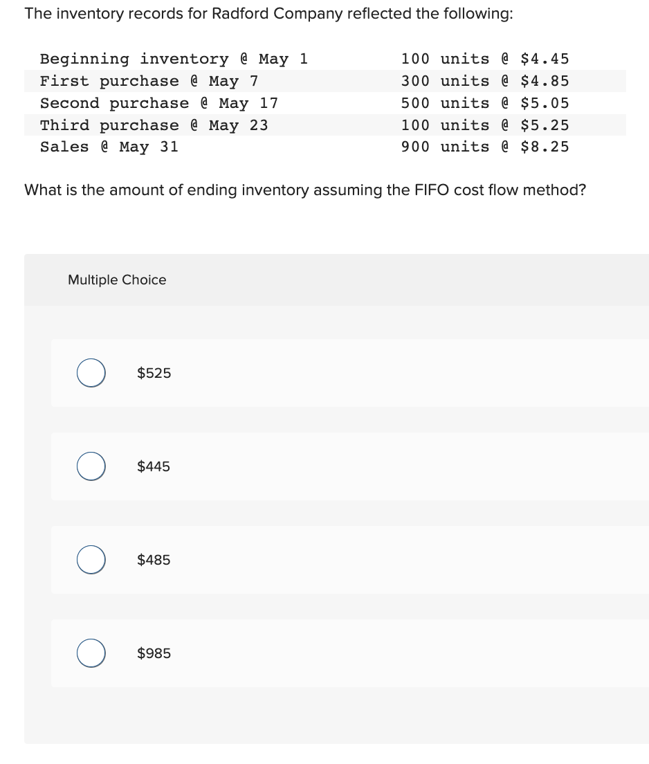 inventory records for Radford Company reflected the following: What is the amount