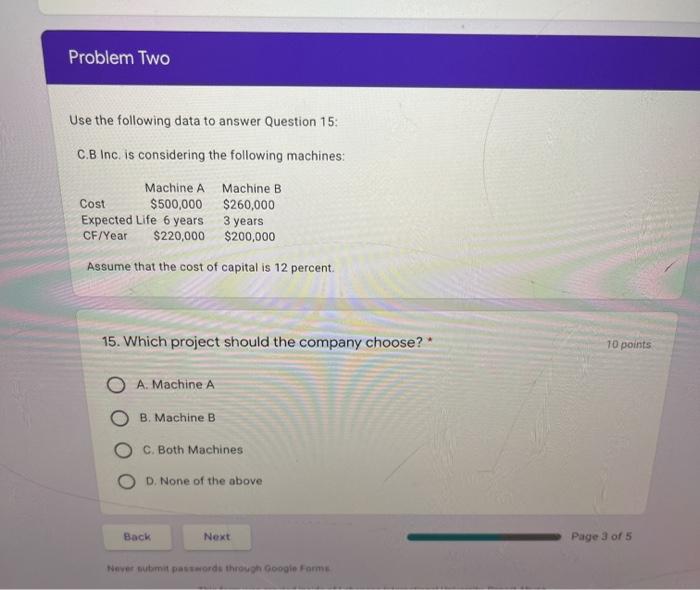  Problem Two Use the following data to answer Question 15: C.B