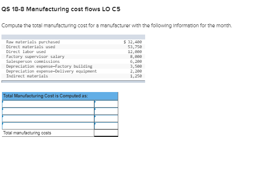  QS 18-8 Manufacturing cost flows LO C5 Compute the total manufacturing
