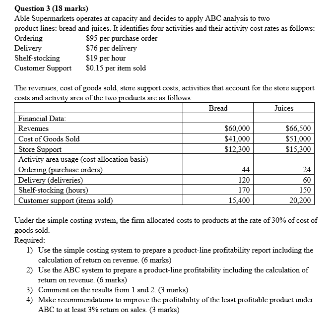 Question 3 (18 marks) Able Supermarkets operates at capacity and decides