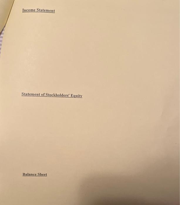 an income statment, statment of stockholders equity, and balance sheet for the