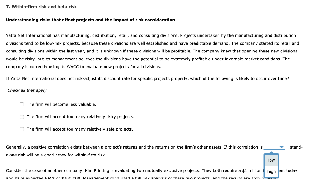 7. Within-firm risk and beta risk Understanding risks that affect projects