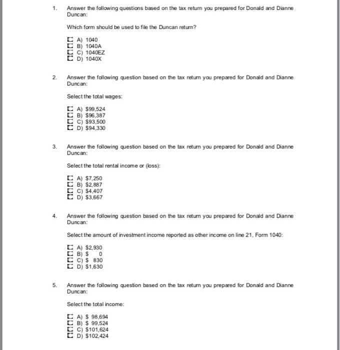  1 Answer the following questions based on the tax return you
