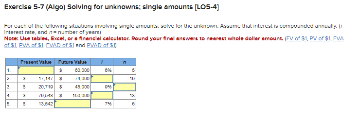  Exerclse 5-7 (Algo) Solving for unknowns; single amounts [LO5-4] For each