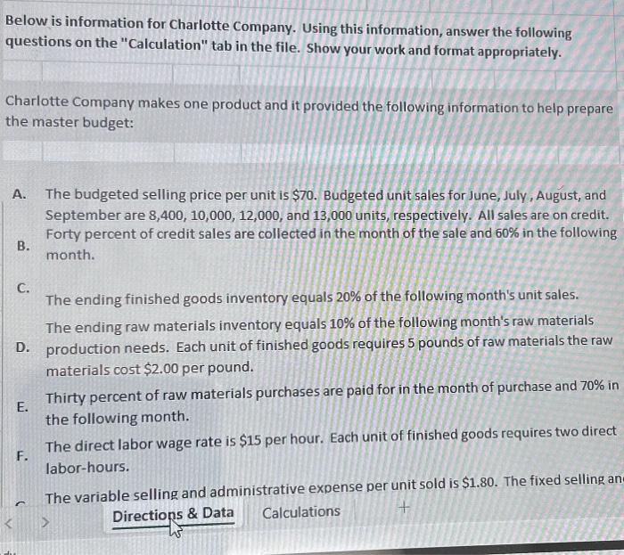 Below is information for Charlotte Company. Using this information, answer the