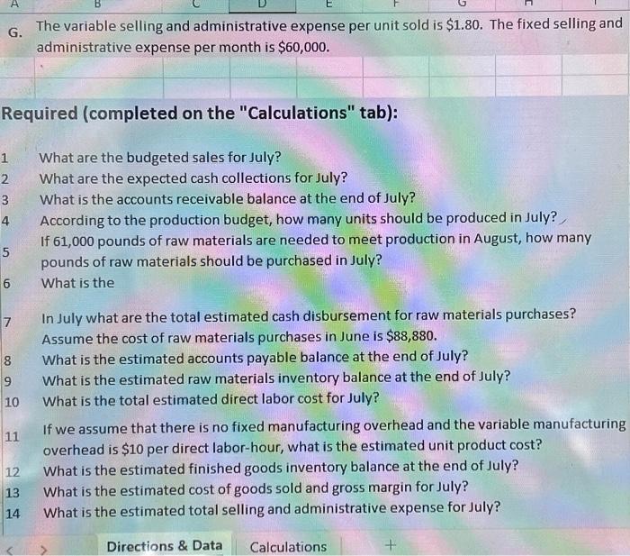 following questions on the "Calculation" tab in the file. Show your work