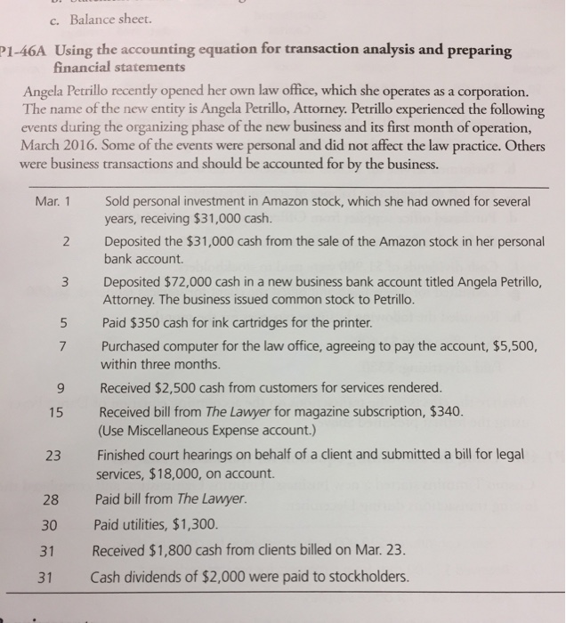 Using the accounting equation for transaction analysis and preparing financial statements