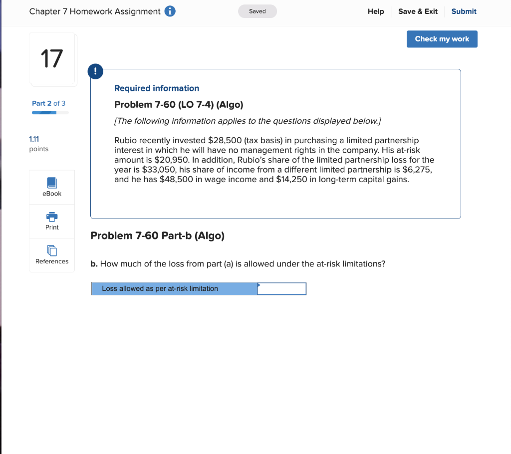 Check my work 16 Part 1 of 3 Required information Problem 7-60