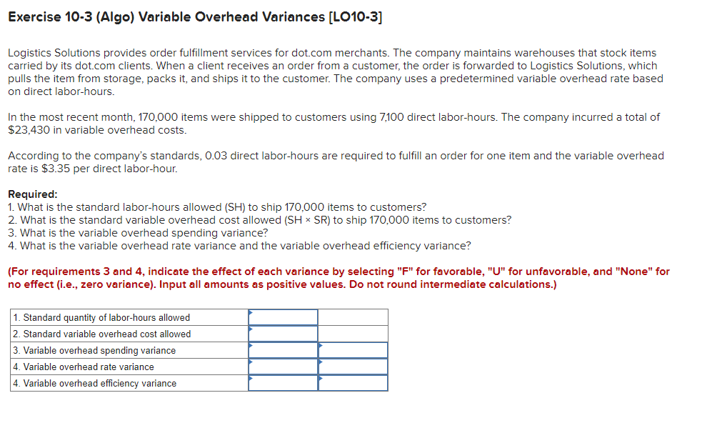  Exercise 10-3 (Algo) Variable Overhead Variances [LO10-3] Logistics Solutions provides order