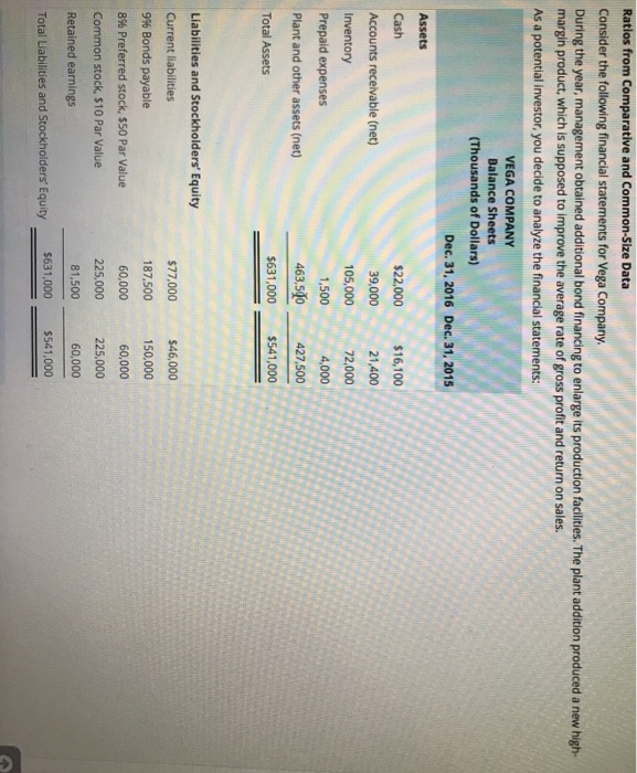  Ratios from Comparative and Common-Size Data Consider the following financial statements