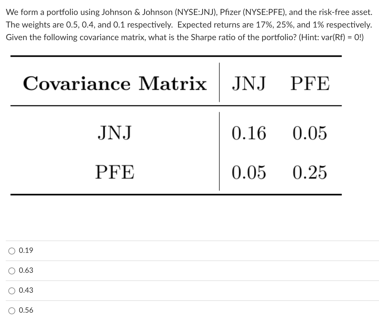 We form a portfolio using Johnson \& Johnson (NYSE:JNJ), Pfizer (NYSE:PFE),