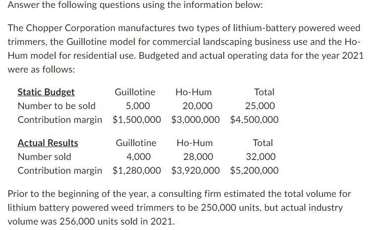 Answer the following questions using the information below: The Chopper Corporation