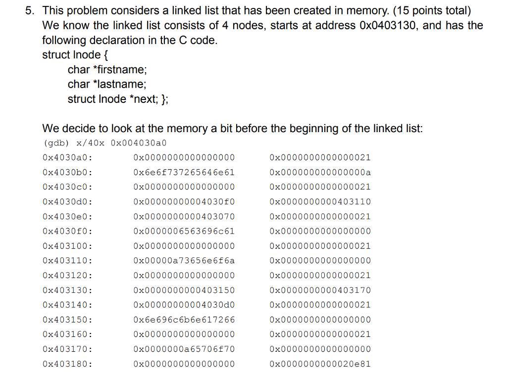 5. This problem considers a linked list that has been created