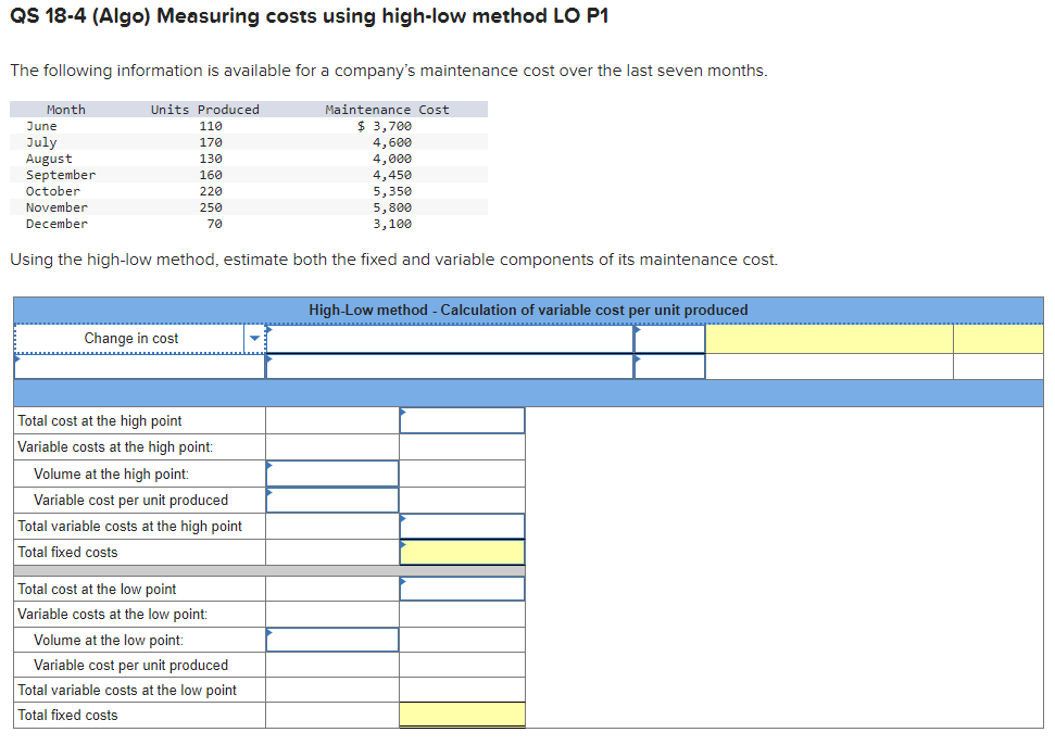 QS 18-4 (Algo) Measuring costs using high-low method LO P1 The following