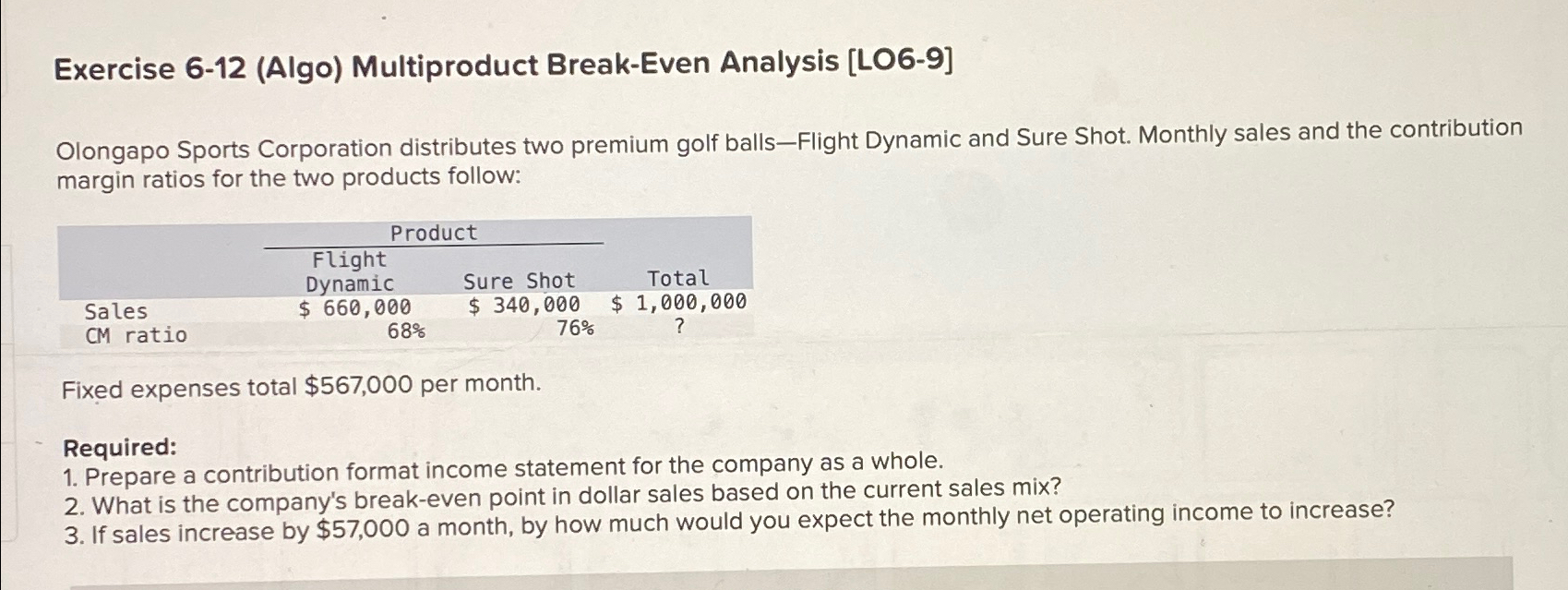  Exercise 6-12(Algo) Multiproduct Break-Even Analysis [LO6-9] Olongapo Sports Corporation distributes two