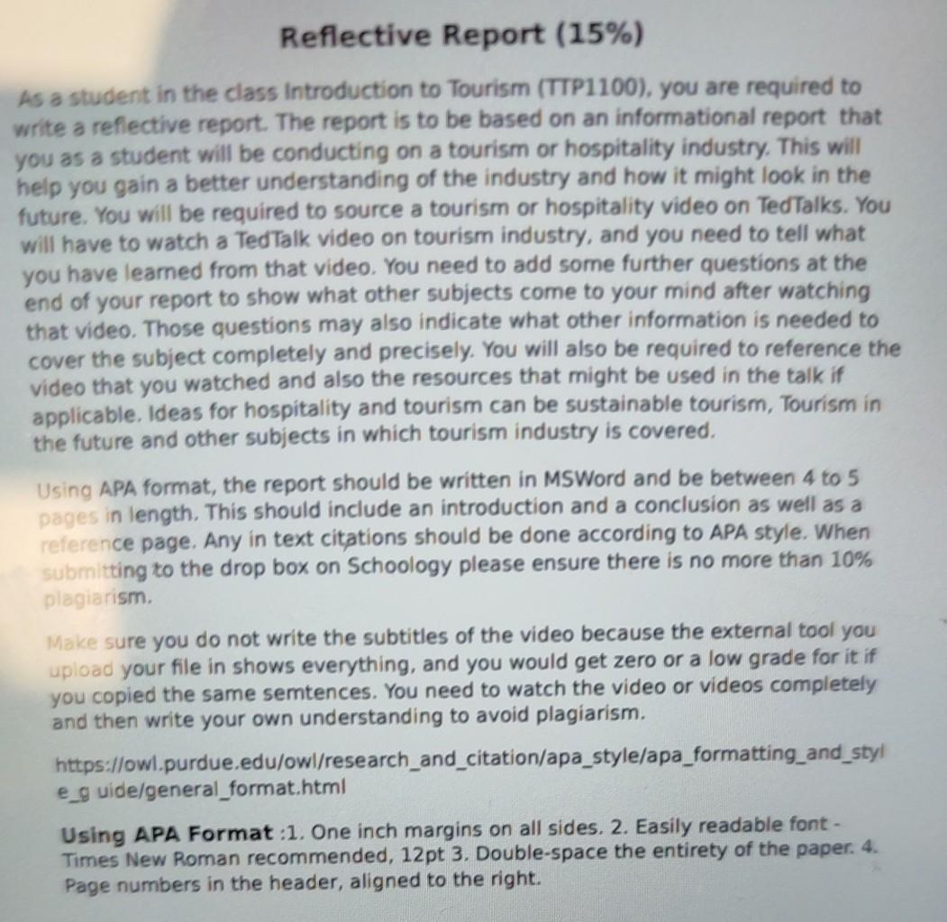 Reflective Report (15%) As a student in the class Introduction to