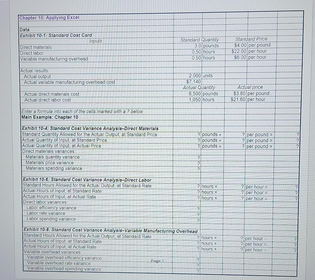  Please include an excel formula for every cell with a question