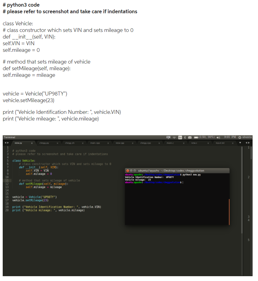 Write the Python code that would create an instance of your Vehicle