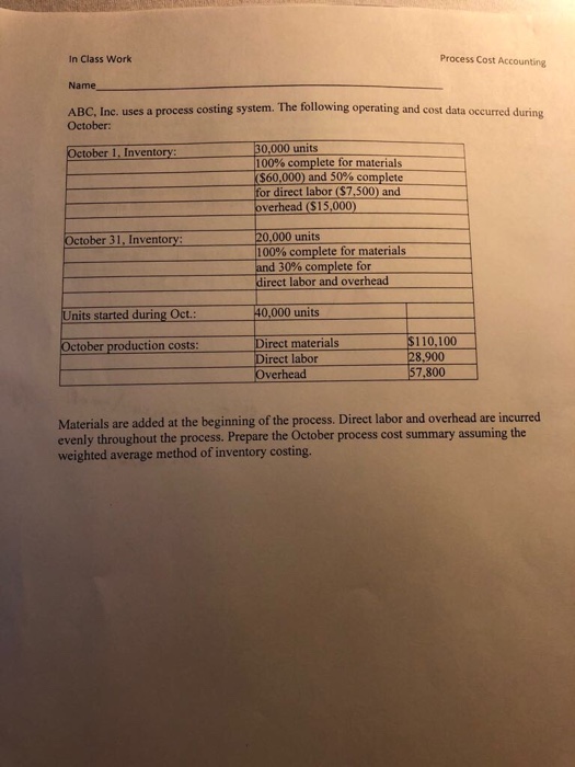  Process Cost Accounting In Class Work Name ABC, Inc. uses a