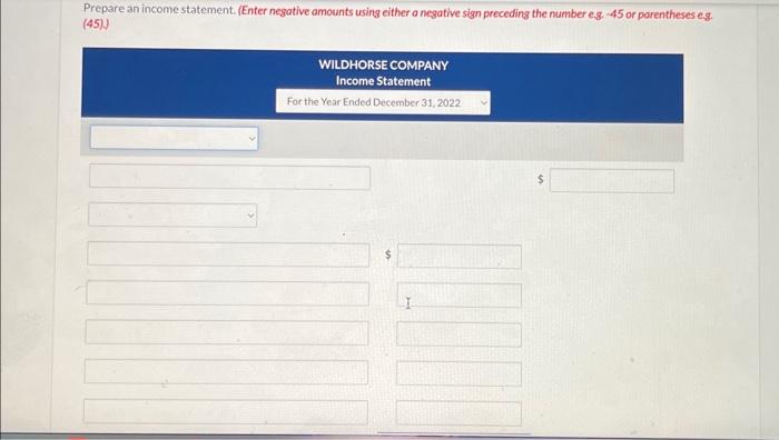 financial statement columns of the spreadsheet for Wildhorse Company are shown as