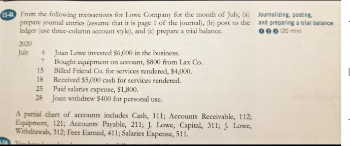 Journalizing, posting, and preparing a trial balance 0 2 3 (20 min)