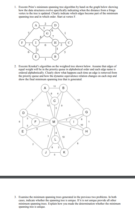  1. Execute Prim's minimum spanning tree algorithm by hand on the
