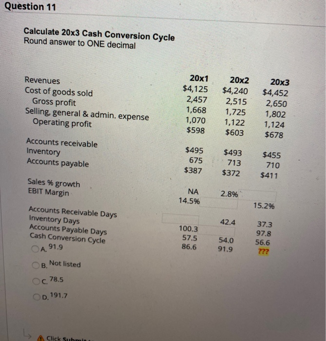  Question 11 Calculate 20x3 Cash Conversion Cycle Round answer to ONE
