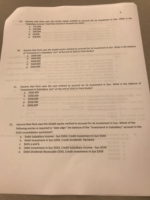 stock of Sun Co. for $600,000 cash. On January 1, 2016, Paris