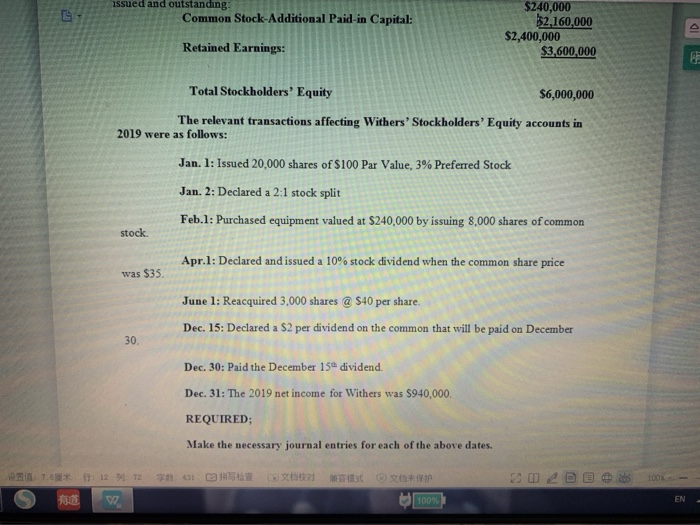Equity $6,000,000 The relevant transactions affecting Withers' Stockholders' Equity accounts in 2019
