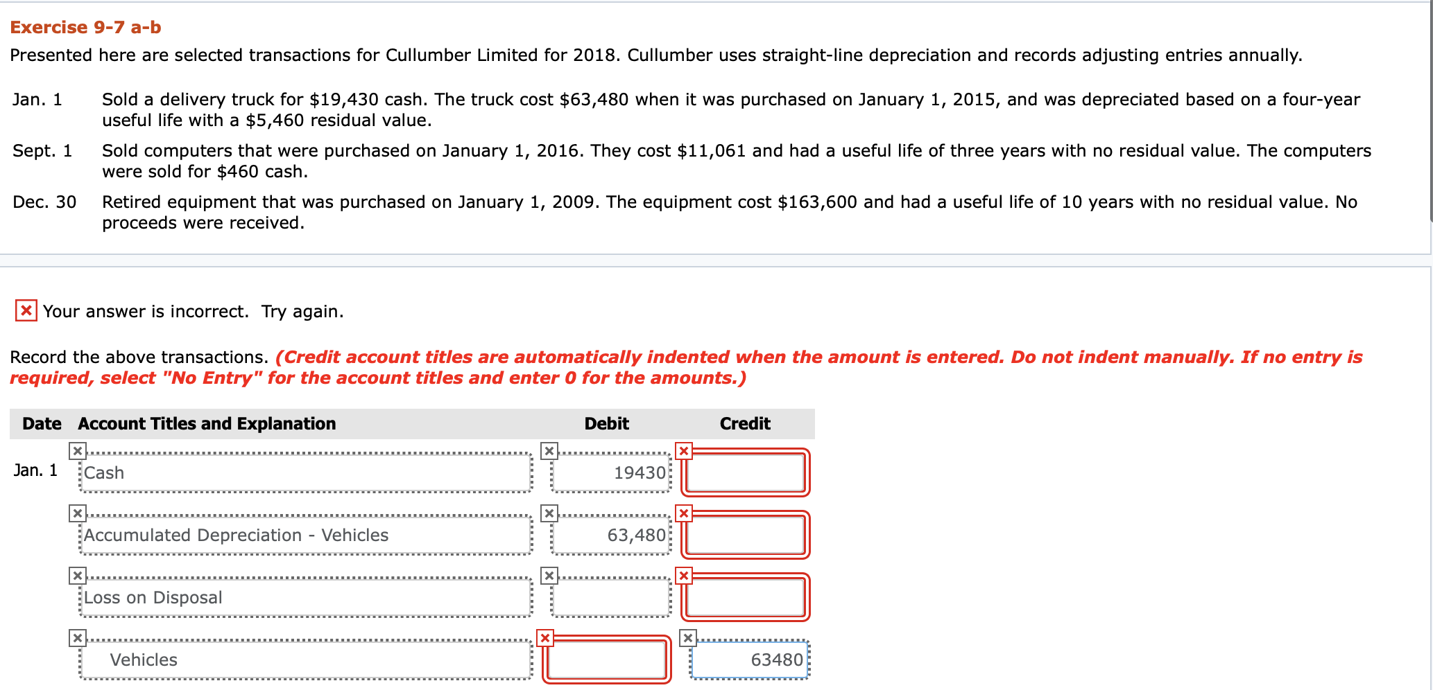  Exercise 9-7 a-b Presented here are selected transactions for Cullumber Limited
