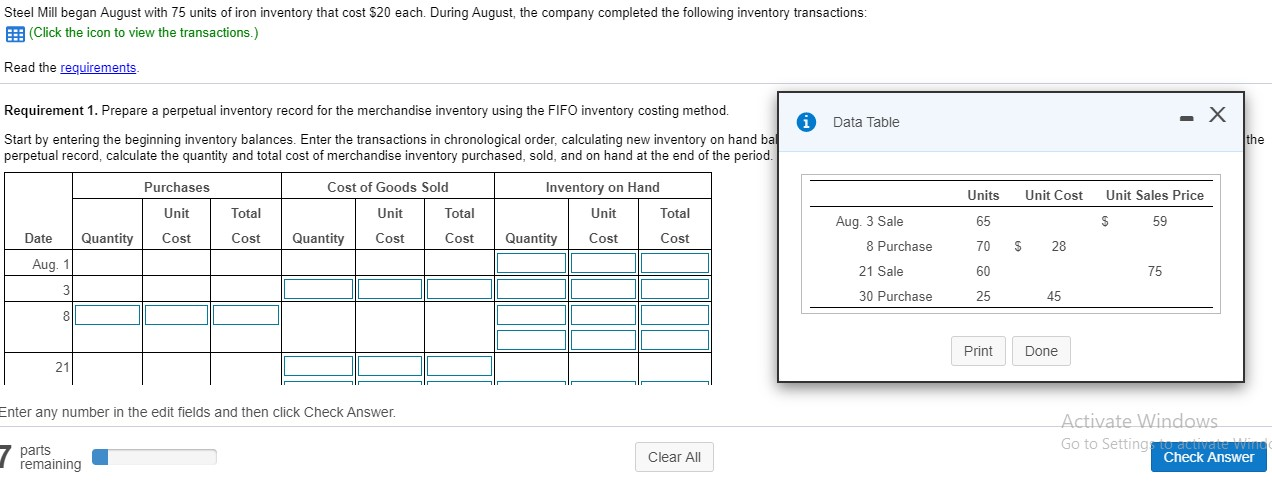 solve all 6 steps Steel Mill began August with 75 units